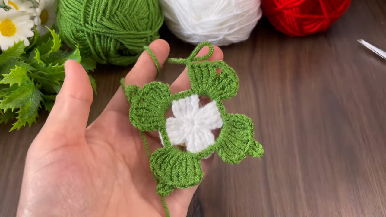 Festive crochet cross ornament in red and white – holiday handmade decoration
